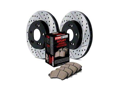 StopTech Sport Axle Slotted and Drilled Brake Rotor and Pad Kit; Front (11-17 Jeep Grand Cherokee WK2 w/ Solid Rear Rotors, Excluding SRT & SRT8)