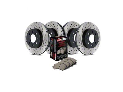 StopTech Sport Axle Slotted and Drilled Brake Rotor and Pad Kit; Front and Rear (11-17 Jeep Grand Cherokee WK2 w/ Solid Rear Rotors, Excluding SRT & SRT8)