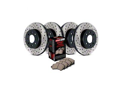 StopTech Sport Axle Slotted and Drilled Brake Rotor and Pad Kit; Front and Rear (11-17 Jeep Grand Cherokee WK2 w/ Vented Rear Rotors, Excluding SRT, SRT8 & Trackhawk)