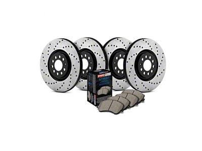 StopTech Street Axle Drilled Brake Rotor and Pad Kit; Front and Rear (11-17 Jeep Grand Cherokee WK2 w/ Vented Rear Rotors, Excluding SRT, SRT8 & Trackhawk)