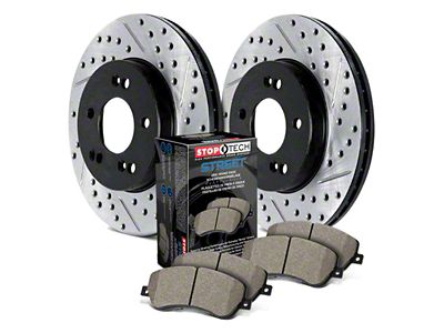 StopTech Street Axle Drilled and Slotted Brake Rotor and Pad Kit; Front (11-17 Jeep Grand Cherokee WK2 w/ Solid Rear Rotors, Excluding SRT & SRT8)