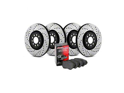 StopTech Street Axle Drilled and Slotted Brake Rotor and Pad Kit; Front and Rear (11-17 Jeep Grand Cherokee WK2 w/ Solid Rear Rotors, Excluding SRT & SRT8)