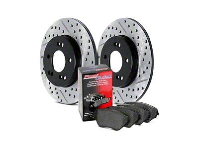 StopTech Street Axle Drilled and Slotted Brake Rotor and Pad Kit; Rear (11-17 Jeep Grand Cherokee WK2 w/ Solid Rear Rotors, Excluding SRT & SRT8)