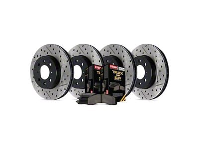 StopTech Truck Axle Slotted and Drilled Brake Rotor and Pad Kit; Front and Rear (11-17 Jeep Grand Cherokee WK2 w/ Vented Rear Rotors, Excluding SRT & SRT8)