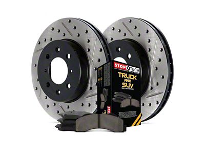 StopTech Truck Axle Slotted and Drilled Brake Rotor and Pad Kit; Rear (11-17 Jeep Grand Cherokee WK2 w/ Solid Rear Rotors, Excluding SRT & SRT8)