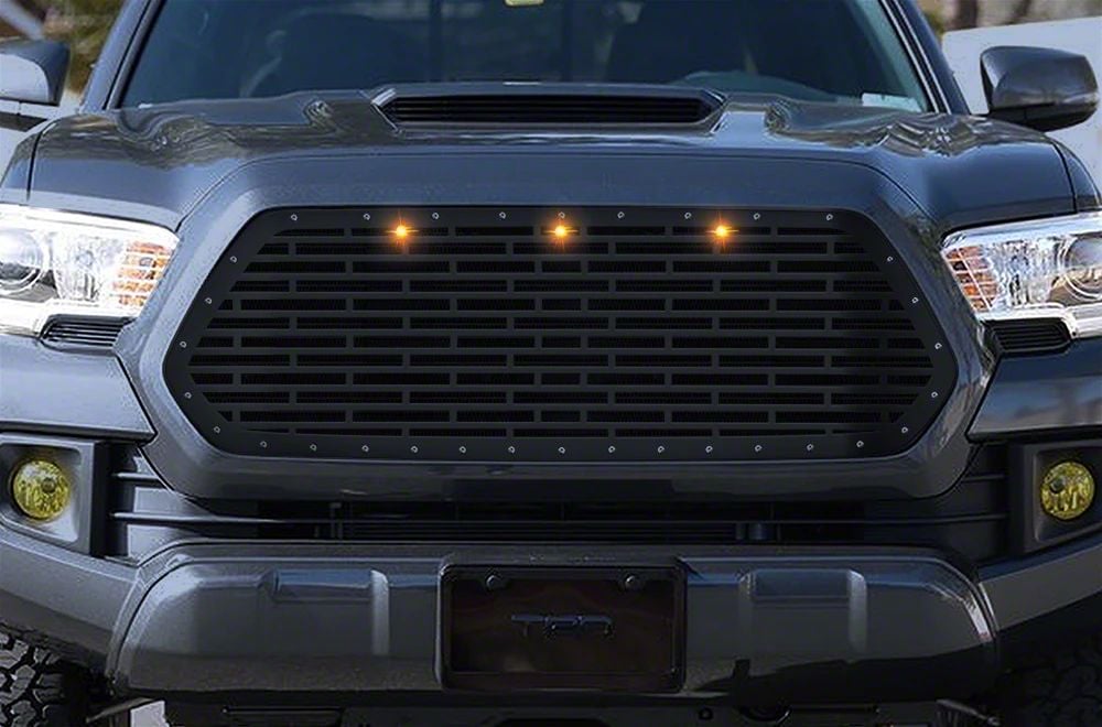 Tacoma 1-Piece Steel Upper Grille Overlay with Amber Raptor Lights ...