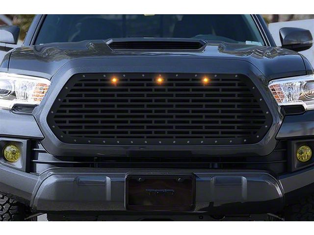 1-Piece Steel Upper Grille Overlay with Amber Raptor Lights; Satin Black (16-17 Tacoma)