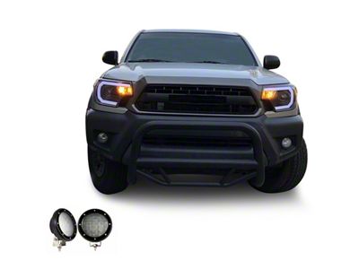 Max Bull Bar with 5.30-Inch Black Round Flood LED Lights; Black (05-15 Tacoma)