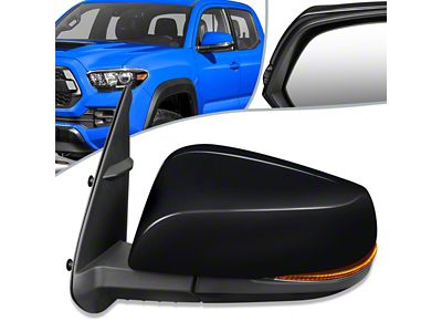 Powered Heated Folding Mirror with Turn Signal; Driver Side; Paintable Black (16-19 Tacoma)