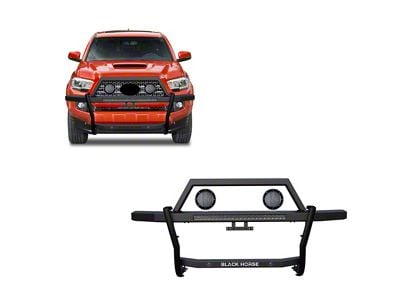 Rambler Grille Guard with 30-Inch LED Light Bar and 5.30-Inch Black Round Flood LED Lights; Matte Black (05-23 Tacoma)