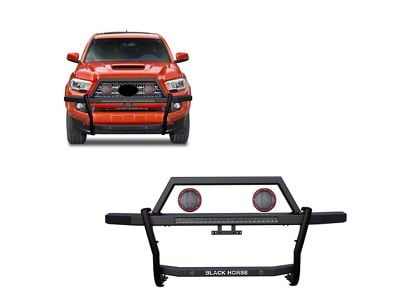 Rambler Grille Guard with 30-Inch LED Light Bar and 5.30-Inch Red Round Flood LED Lights; Matte Black (05-23 Tacoma)