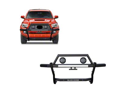 Rambler Grille Guard with 5.30-Inch Black Round Flood LED Lights; Matte Black (05-23 Tacoma)