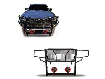 Rugged Heavy Duty Grille Guard with 7-Inch Red Round Flood LED Lights; Black (16-23 Tacoma)