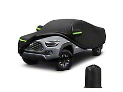 Weatherproof 420D Oxford Cloth Full Car Cover; Black with Green Reflective Strips (16-23 Tacoma Double Cab w/ 5-Foot Bed)