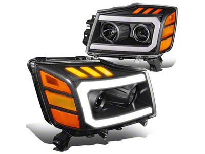 3D LED DRL Projector Headlights with Amber Corners; Black Housing; Clear Lens (04-15 Titan)