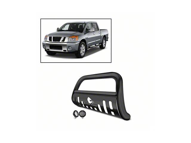 Bull Bar with Black Skid Plate and 5.30-Inch Black Round Flood LED Lights; Black (04-15 Titan)