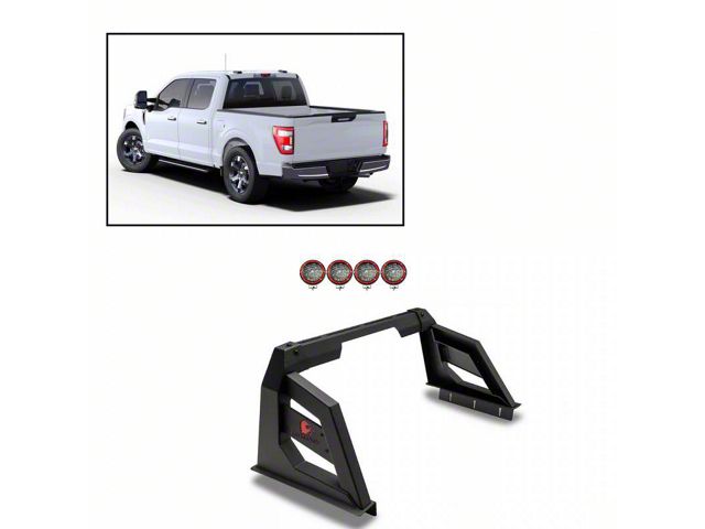 Armour Roll Bar with 5.30-Inch Red Round Flood LED Lights; Black (07-24 Tundra)