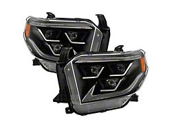 Full LED DRL Tri-Projector Headlights with Switchback Amber Turn Signals and Chrome Shroud; Black Housing; Clear Lens (14-21 Tundra w/ Factory Halogen Headlights)