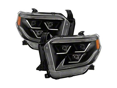 Full LED DRL Tri-Projector Headlights with Switchback Amber Turn Signals and Chrome Shroud; Black Housing; Clear Lens (14-21 Tundra w/ Factory Halogen Headlights)