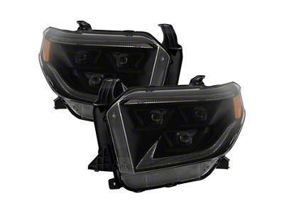 Full LED DRL Tri-Projector Headlights with Switchback Amber Turn Signals and Smoked Shroud; Black Housing; Clear Lens (14-21 Tundra w/ Factory Halogen Headlights)