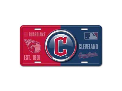 Embossed Metal License Plate with Cleveland Guardians Logo; Red / Navy (Universal; Some Adaptation May Be Required)