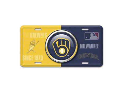 Embossed Metal License Plate with Milwaukee Brewers Logo; Yellow / Blue (Universal; Some Adaptation May Be Required)