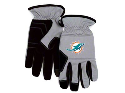 Work Gloves with Miami Dolphins Logo; Gray/Black (Universal; Some Adaptation May Be Required)