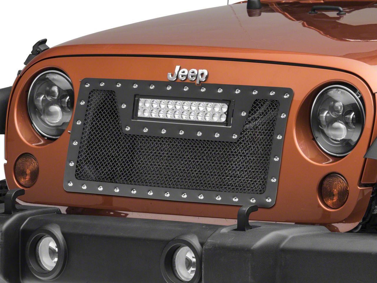 RedRock Jeep Wrangler Wire Mesh Cutout Grille with Rivets and LED Light ...