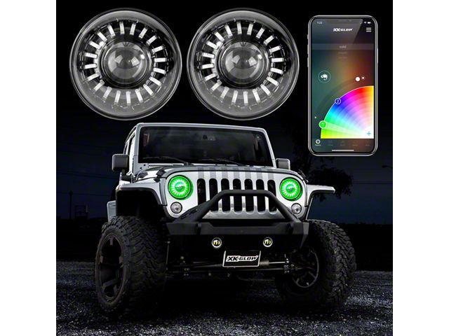 XK Glow 7-Inch RGB LED Headlights with Dual-Mode Dash Mount Controller; Black Housing; Clear Lens (97-18 Jeep Wrangler TJ & JK)