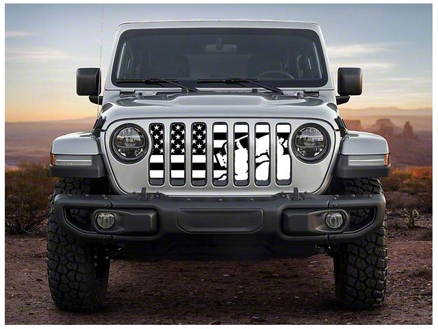 ZKD Customs Grille Insert; Offroad Vehicle Climbing Black and White American Flag (20-24 Jeep Gladiator JT)