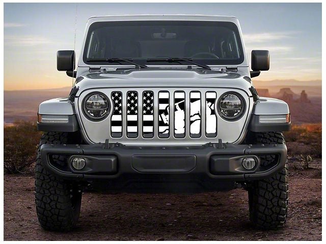 ZKD Customs Grille Insert; Offroad Vehicle Climbing Black and White American Flag (18-24 Jeep Wrangler JL)