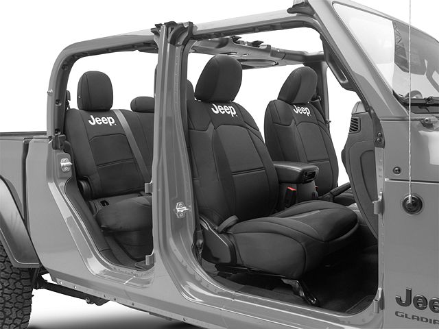 Jeep Licensed by TruShield Neoprene Front and Rear Seat Covers; Black (20-24 Jeep Gladiator JT w/o Rear Cup Holder)