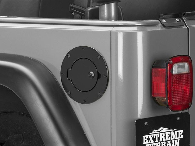 Rugged Ridge Locking Fuel Door Cover; Black Aluminum (97-06 Jeep Wrangler TJ)
